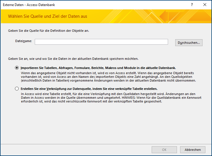 Screenshot des Assistenten zum Abrufen externer Daten – Access-Datenbankimport.