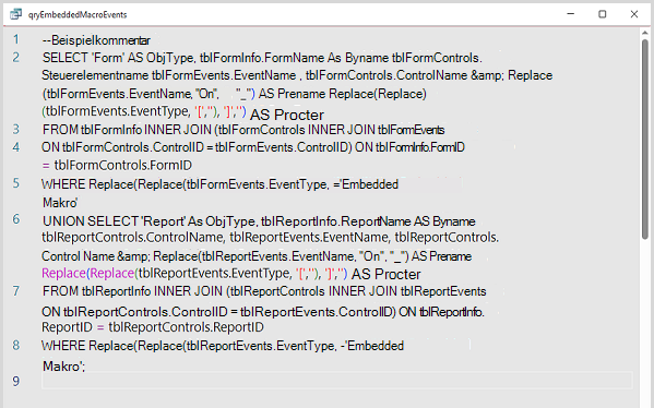 Eine Access SQL-Abfragesicht im Monaco-Editor.