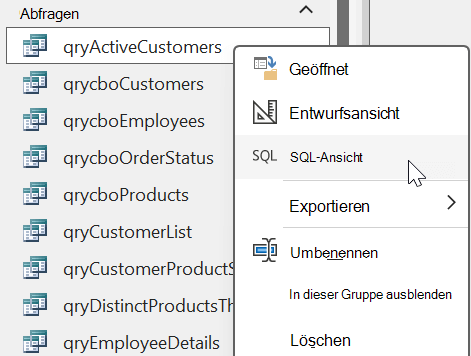 Klicken Sie mit der rechten Maustaste auf Menüoptionen, die von einem Abfrageobjekt in einer Access-Datenbank mit ausgewählter Option SQL-Ansicht angezeigt werden.