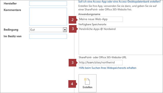 Bildschirm für die Erstellung einer neuen Access-Web App