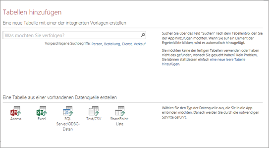 Hinzufügen von Tabellen zu einer Access-Web App