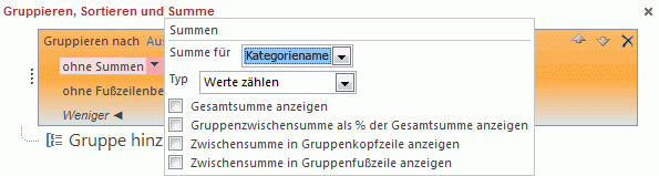 Popupfenster 'Summen'
