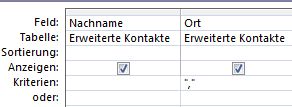 Abfrage-Designer mit Kriterien für die Anzeige von Datensätzen mit leerem Wertfeld
