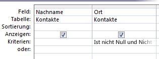 Abfrage-Designer mit Kriterien, bei denen das Feld für den Ort weder auf Null gesetzt noch leer ist.