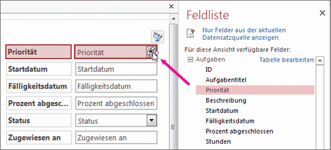 Ziehen eines Felds aus der Feldliste in eine Ansicht