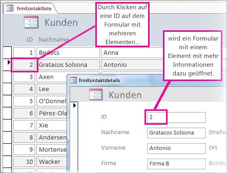 Klicken Sie auf eine ID in einem Formular mit mehreren Elementen, um ein Formular mit nur einem Element zu öffnen.