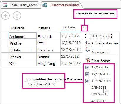 Filtern einer Abfragespalte in einer Access-App.