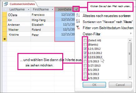 Filtern einer Abfragespalte in einer Desktopdatenbank.