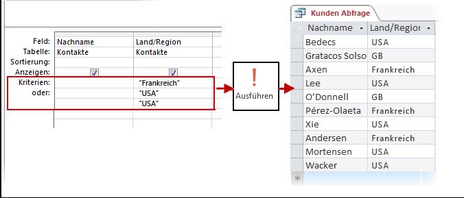 Verwenden von Kriterien des Typs ODER im Entwurfsbereich und Ergebnis