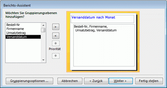 Hinzufügen von Gruppierungsebenen im Berichts-Assistenten