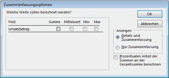 'Zusammenfassungsoptionen' im Berichts-Assistent