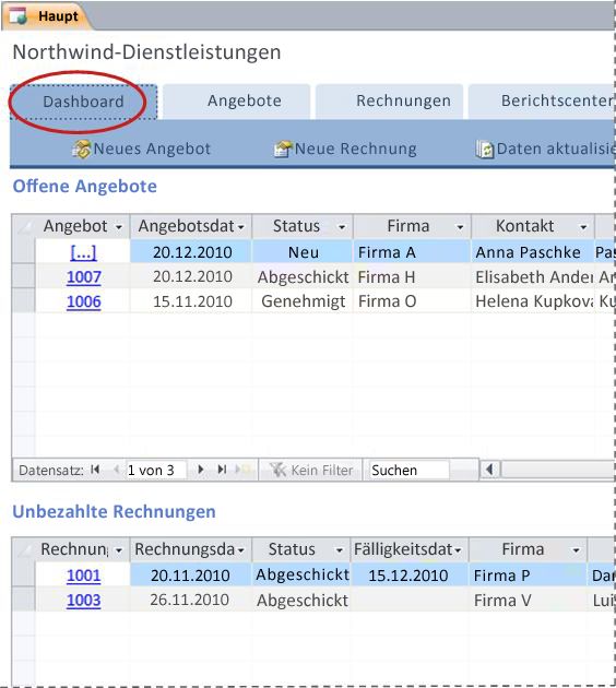 Registerkarte 'Dashboard' der Datenbankvorlage 'Dienstleistungen'