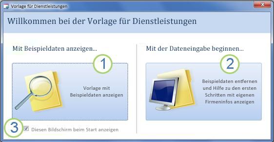 Startformular der Webdatenbankvorlage 'Dienstleistungen'