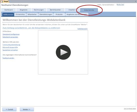 Registerkarte 'Erste Schritte' der Webdatenbankvorlage 'Dienstleistungen'