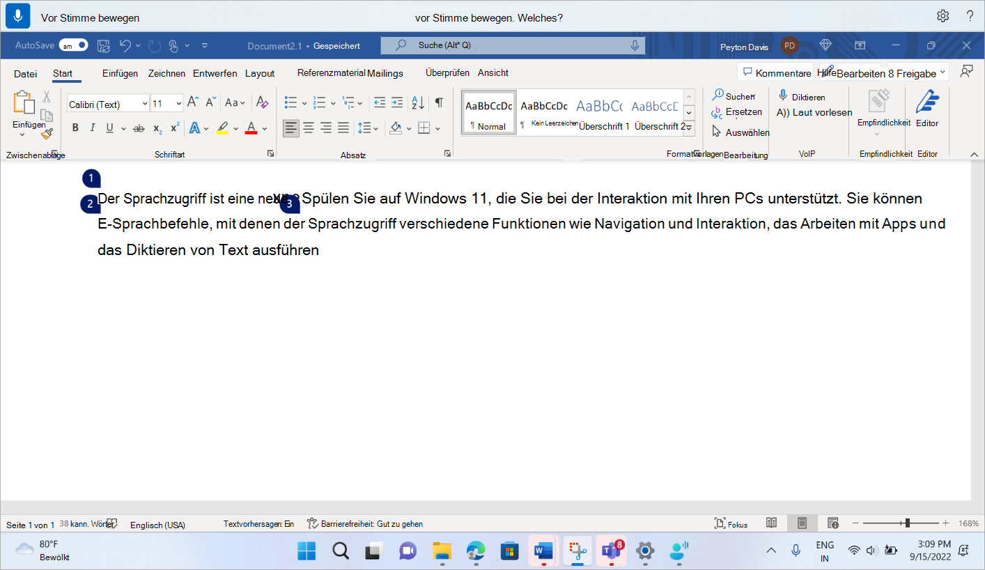 Ein Word Dokument, in dem der Sprachzugriffsbefehl zum Platzieren des Fokus vor dem Wort 