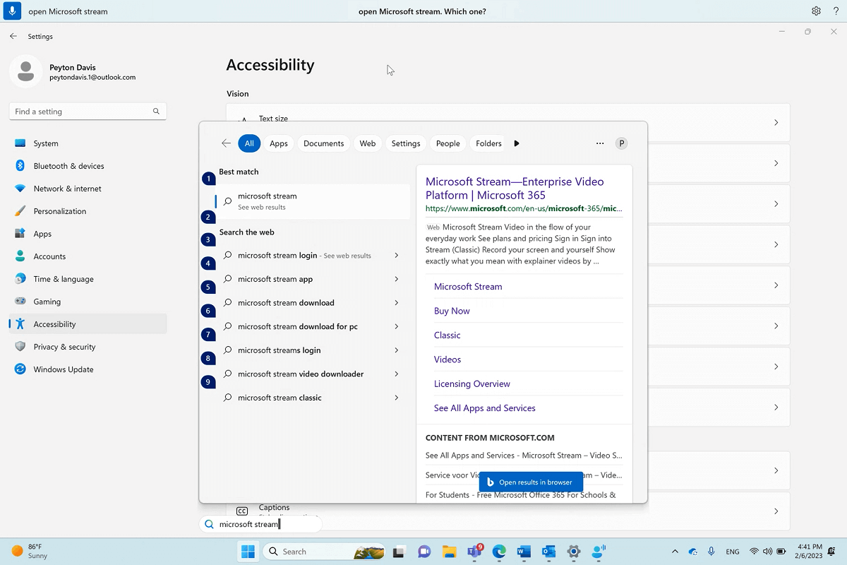Dialogfeld zum Öffnen Microsoft Stream mit Windows-Sprachzugriff.