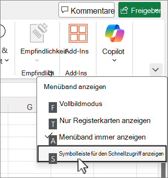 Tastaturbefehl zum Anzeigen der Symbolleiste für den Schnellzugriff
