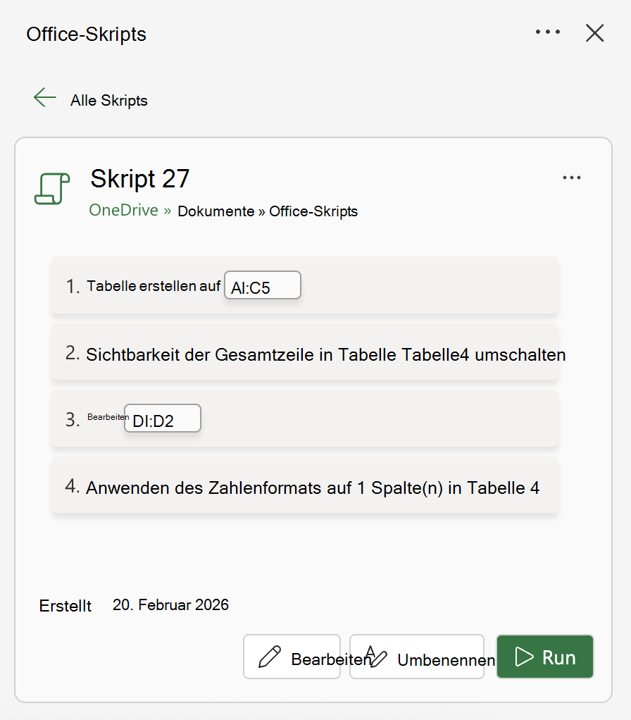 Ein aufgezeichnetes Skript, das eine Tabelle erstellt, die Sichtbarkeit einer Zeile umschaltet, eine Zelle bearbeitet und zahlenformatiert.