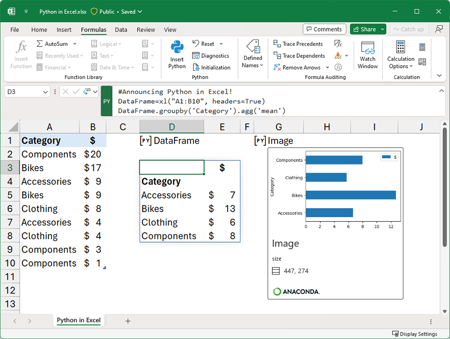 Eine Excel-Arbeitsmappe, die Python zum Analysieren von Daten verwendet.