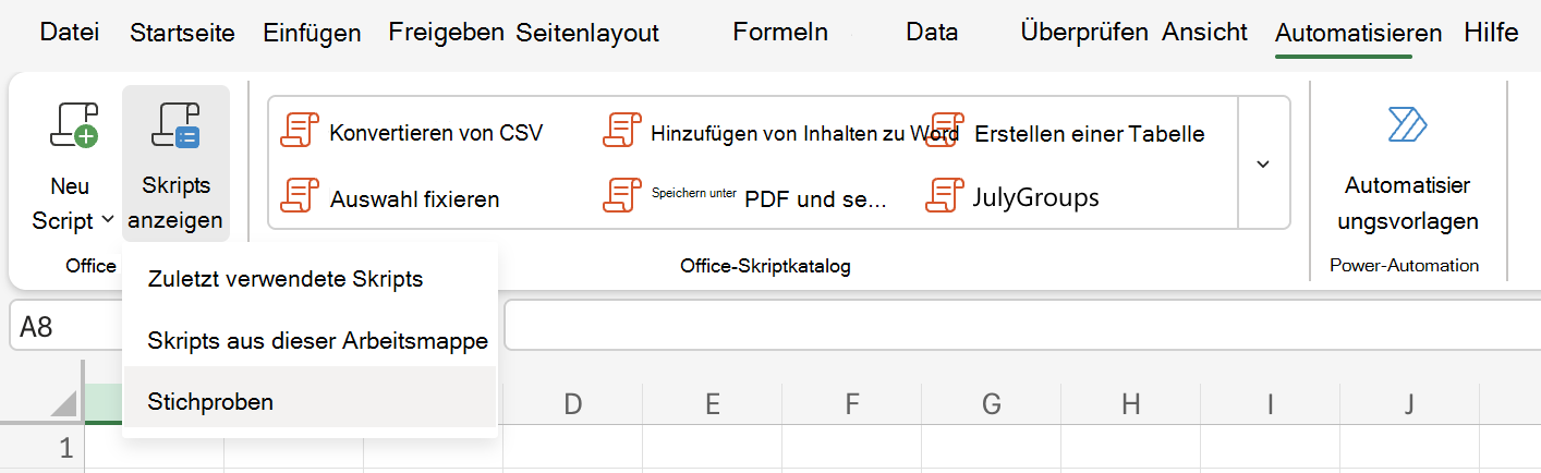 Wählen Sie Automatisieren aus, um Office-Skriptoptionen anzuzeigen.