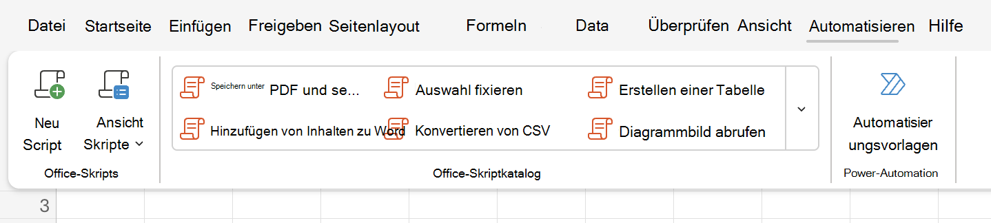 Wählen Sie Automatisieren aus, um Office-Skriptoptionen anzuzeigen.