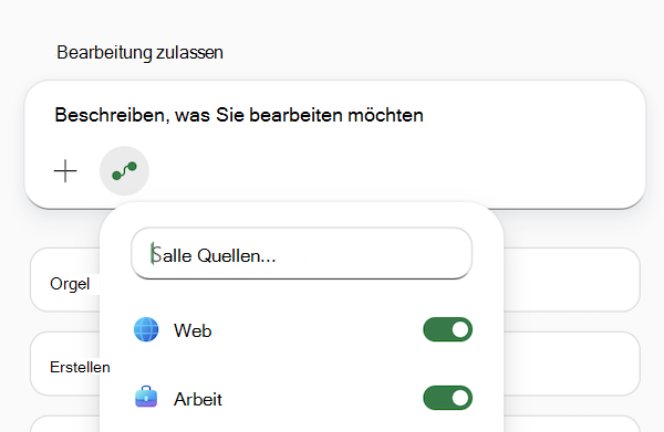 Screenshot des Eingabeaufforderungsfelds Copilot in Excel mit geöffnetem Menü 