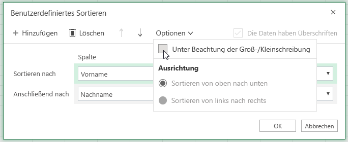 Dialogfeld für benutzerdefinierte Sortierung, wenn „Groß-/Kleinschreibung beachten“ ausgewählt ist