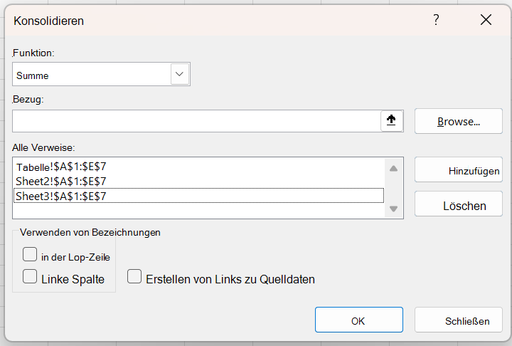 Das Dialogfeld Konsolidieren mit mehreren Verweisen, die mithilfe der SUM-Funktion konsolidiert werden sollen.