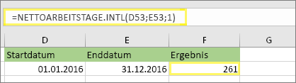 =NETWORKDAYS. INTL(D53,E53,1) und Ergebnis: 261