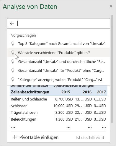 Die Datenanalyse In Excel bietet Ihnen vorgeschlagene Fragen basierend auf der Analyse Ihrer Daten.