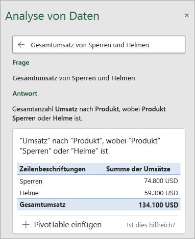 Die Datenanalyse In Excel antwortet auf die Frage, wie viele Schlösser oder Helme verkauft wurden.