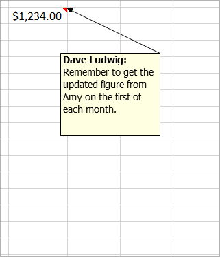 Zelle mit $1.234,00 und einem oOlder, Legacy-Kommentar angefügt: Dave Ludwig: Ist diese Zahl richtig?