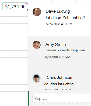 Zelle mit $1,234,00 und einem Kommentarthread angefügt: Dave Ludwig: Ist diese Zahl richtig? Amy Smith: Lassen Sie mich überprüfen... Und so weiter