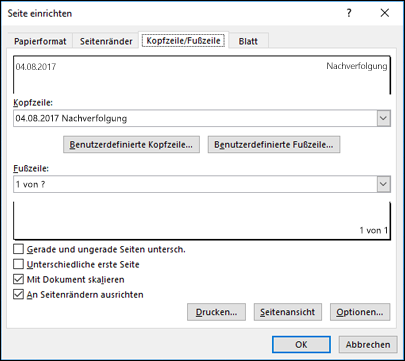 Seiteneinrichtung > Kopf- und Fußzeilenoptionen