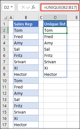 EINDEUTIG-Funktion zum Sortieren einer Liste von Namen