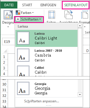 Schriftartenkatalog auf der Registerkarte 'Seitenlayout'