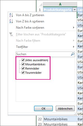 Filtern durch Auswählen von Elementen in einer Liste