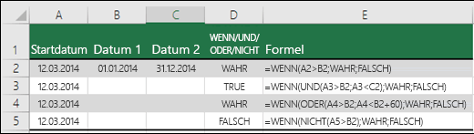 Beispiele für die Verwendung von IF mit AND, OR und NOT zum Auswerten von Datumsangaben