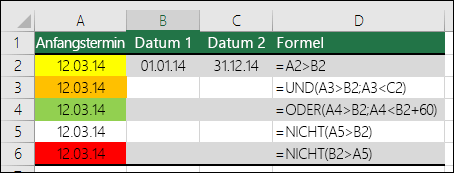 Beispiel für die Verwendung von UND, ODER und NICHT zum Prüfen bedingter Formatierung
