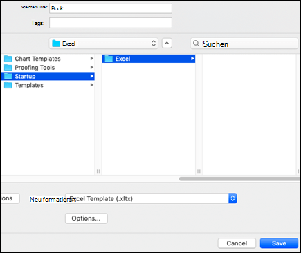 Doppelklicken Sie in den Suchergebnissen auf den Ordner Start, doppelklicken Sie auf den Ordner Excel, und klicken Sie dann auf Speichern.