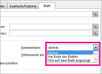 Wählen Sie auf der Registerkarte 'Tabelle' eine Option für 'Kommentare' aus