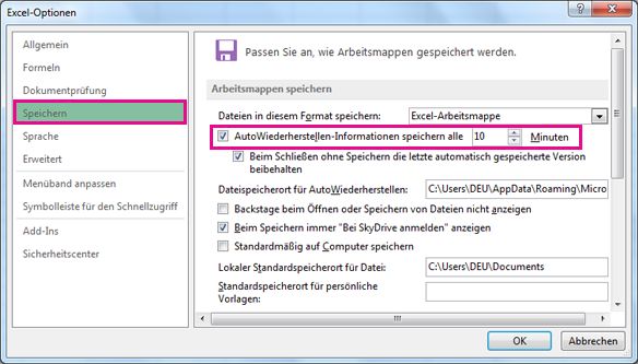 Option 'Speichern' unter 'Excel-Optionen'
