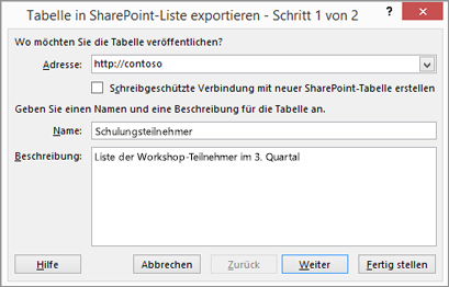 Dialogfeld im Assistenten zum Exportieren nach SharePoint