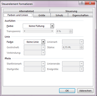 Optionen im Dialogfeld 'Steuerelement formatieren'