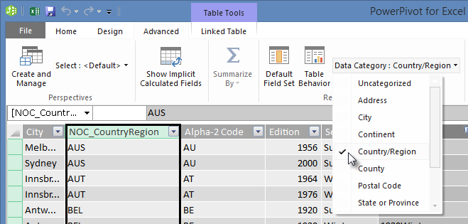 Datenkategorien in PowerPivot