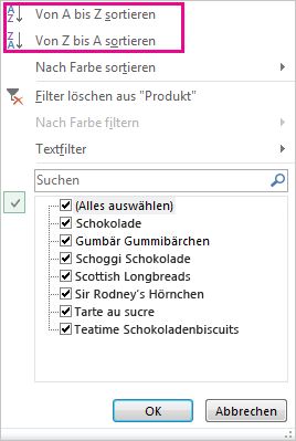 Sortierbefehle im Katalog für Sortieren und Filtern