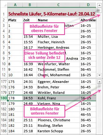 Verwenden einer Teilung, um zwei Zeilenbereiche anzuzeigen