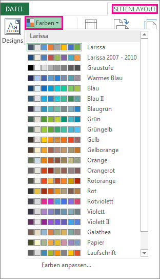 Designfarbenkatalog, der über die Schaltfläche 'Farben' auf der Registerkarte 'Seitenlayout' geöffnet wird