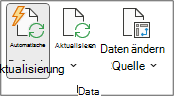 Datengruppe auf der Registerkarte PivotTable-Analyse des Menübands. Die Gruppe Daten enthält die Schaltflächen Automatische Aktualisierung, Aktualisieren und Datenquelle ändern.