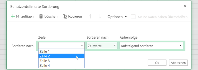 Die Dropdownliste im Dialogfeld für benutzerdefinierte Sortierung ist geöffnet, wenn Sie die Sortierung von links nach rechts auswählen